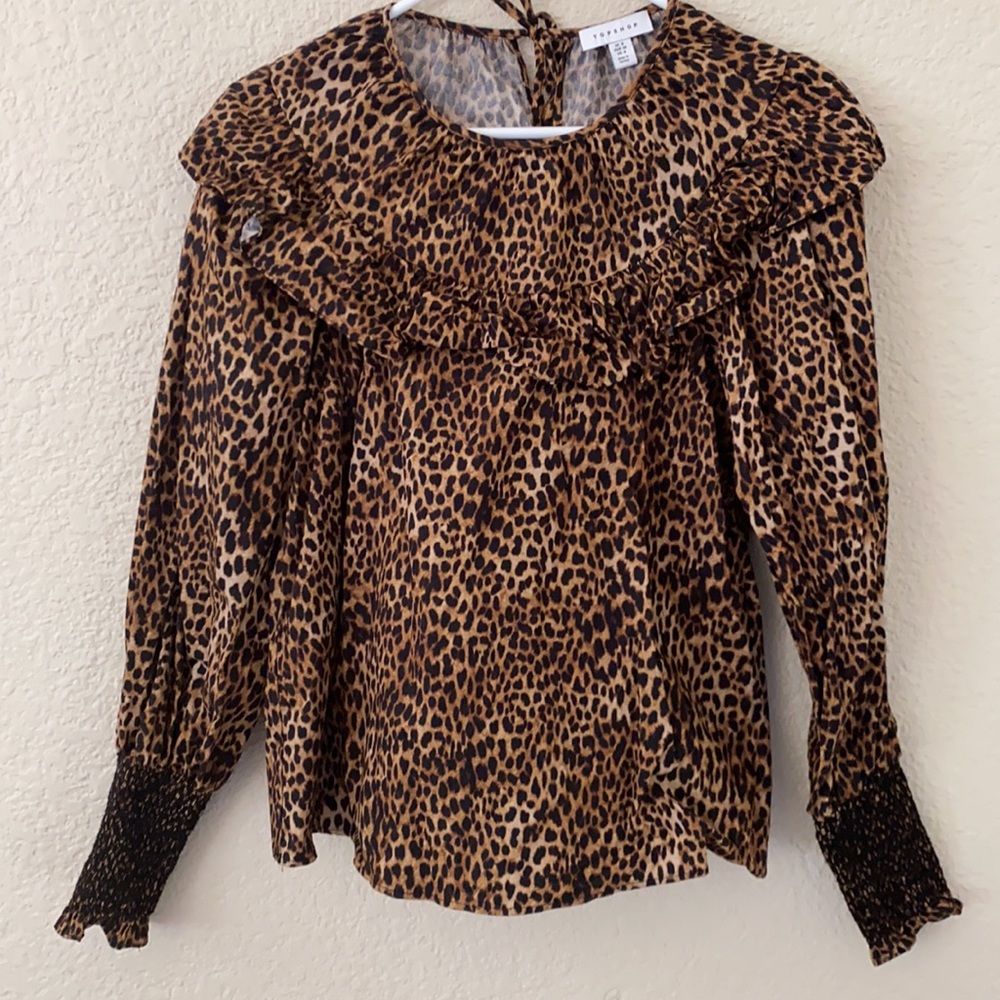 TOPSHOP Women’s Ruffled Leopard Print Long Sleeve Top Size 4 EUC